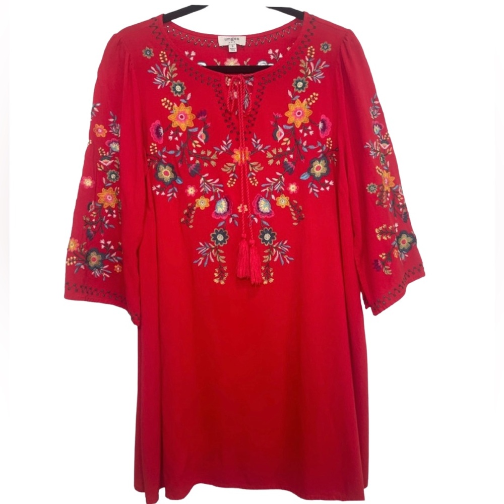 Umgee Red Embroidered Tunic Dress with Tassels